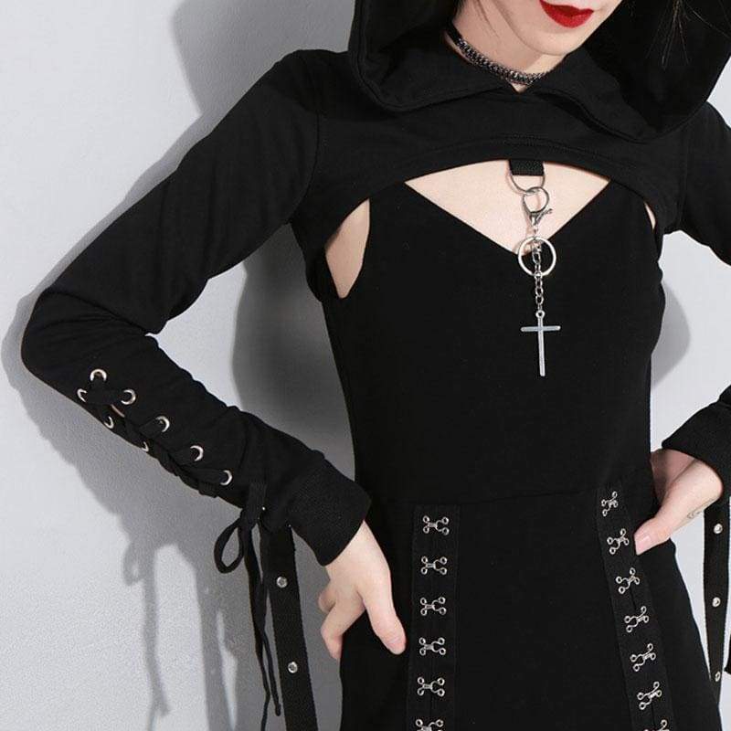 Cool Set Gothic Lace Up Hollow Sweatshirt Hoodie Split Long Dress Two Piece Set EG430 - Egirldoll