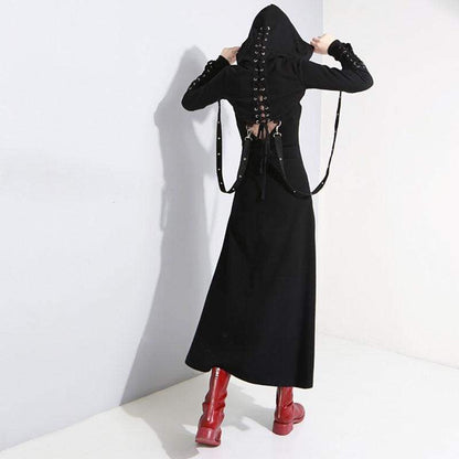 Cool Set Gothic Lace Up Hollow Sweatshirt Hoodie Split Long Dress Two Piece Set EG430 - Egirldoll