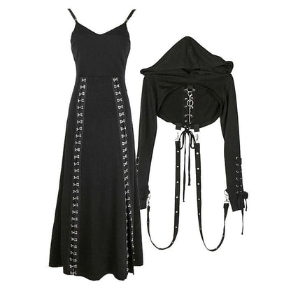 Cool Set Gothic Lace Up Hollow Sweatshirt Hoodie Split Long Dress Two Piece Set EG430 - Egirldoll