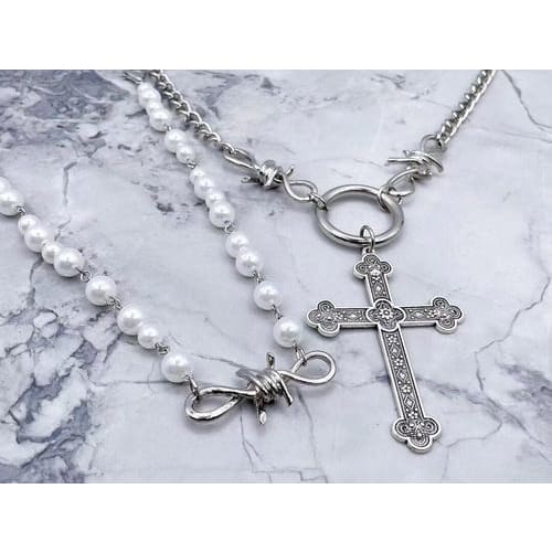 Cool Thorn Pearls Cross Pendant Necklace ON98 - Egirldoll