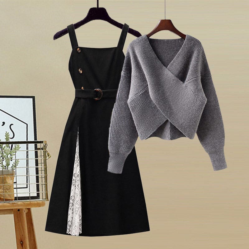 Cross Sweater Lace Black Dress Two Pieces Set ON239 - Egirldoll