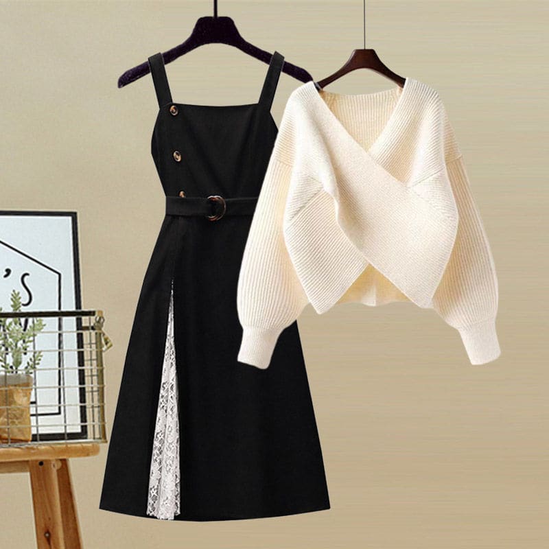 Cross Sweater Lace Black Dress Two Pieces Set ON239 - Egirldoll