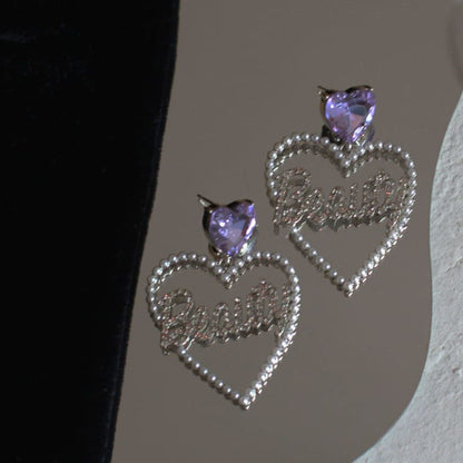 Cute Beauty Purple Gem Love Heart Earrings SS1890 - Egirldoll