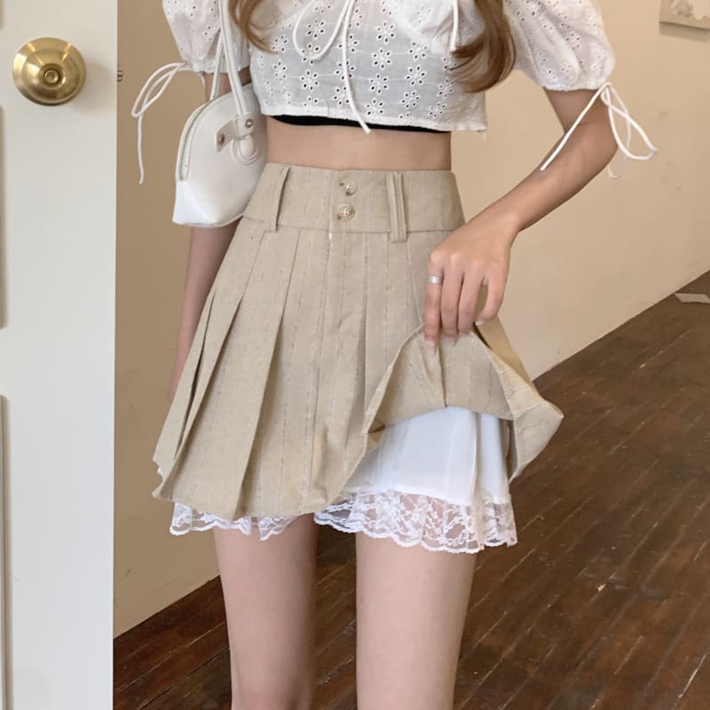 Cute Beige High Waist Pleated Skirt ON104 - Egirldoll