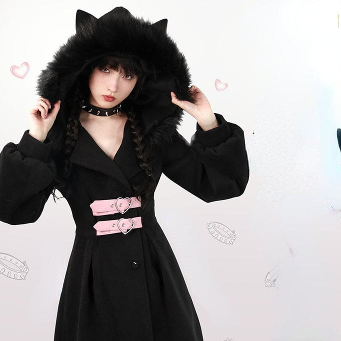 Cute Black Pink Fluffy Cat Ears Coat Dress ON598 - dress