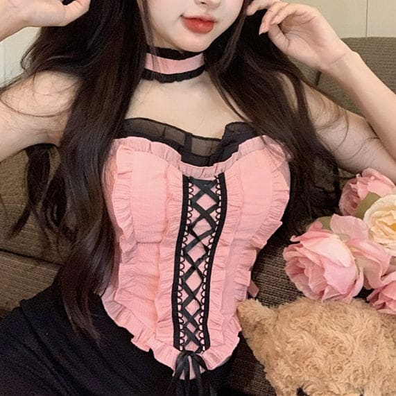 Cute Black Pink Ruffles Sweet Top ON578 - top