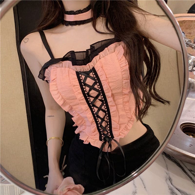 Cute Black Pink Ruffles Sweet Top ON578 - top