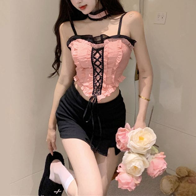 Cute Black Pink Ruffles Sweet Top ON578 - top