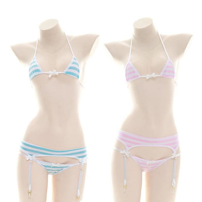 Cute Blue Pink White Striped Lingerie Set EG176 - Egirldoll