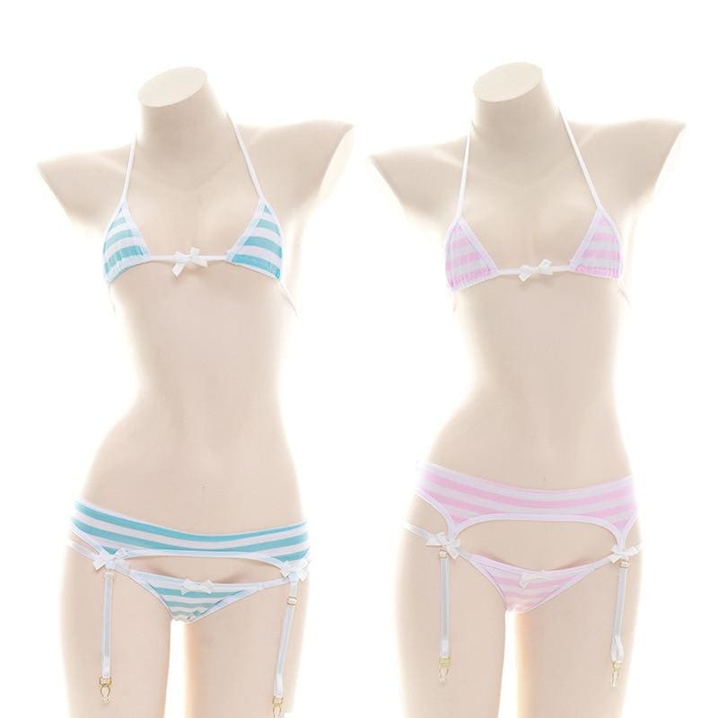 Cute Blue Pink White Striped Lingerie Set EG176 - Egirldoll