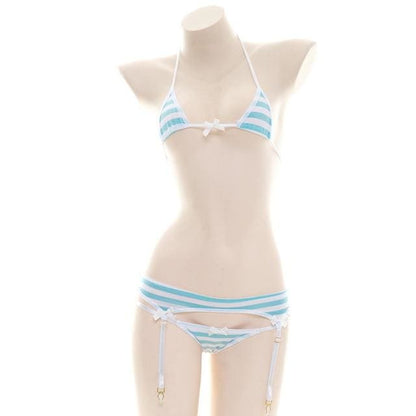 Cute Blue Pink White Striped Lingerie Set EG176 - Egirldoll