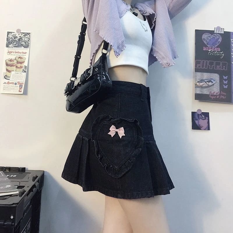Cute Fashion Pink Bows Love Heart Black Skirt EE0918 - Egirldoll