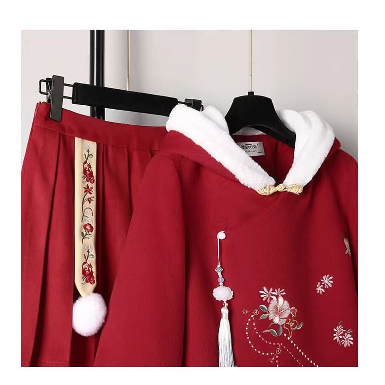 Cute Flowers Embroidery Vintage Hoodie and Skirt Red Set ON335 - Egirldoll