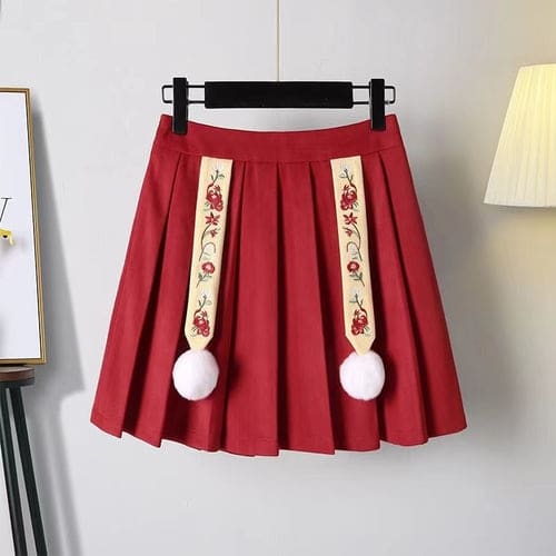 Cute Flowers Embroidery Vintage Hoodie and Skirt Red Set ON335 - Egirldoll