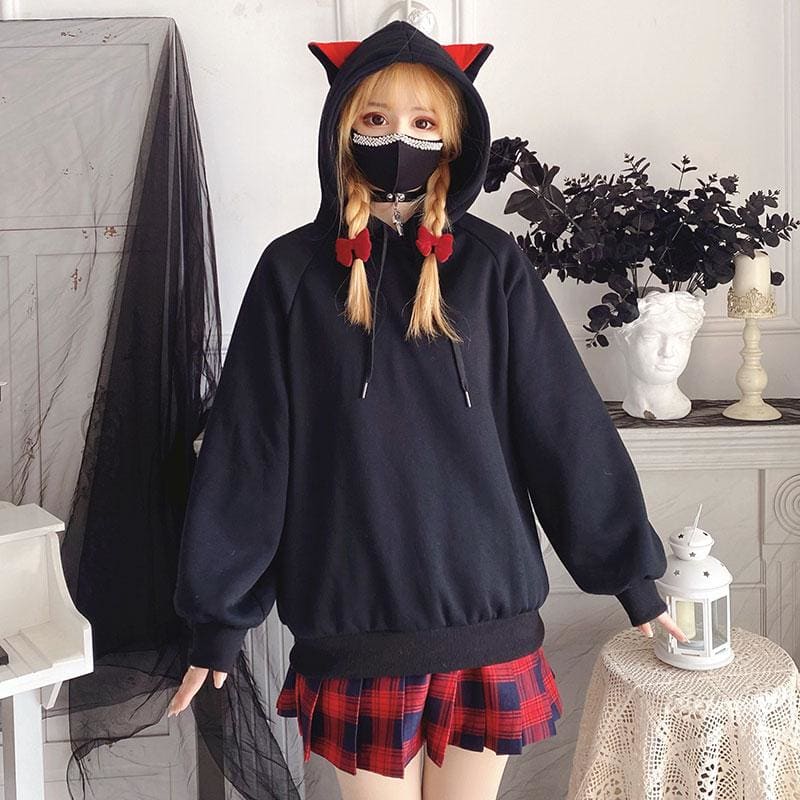 Cute Girl Red Black Cat Ears Hoodie (Hoodie Only）EG15384 - Egirldoll