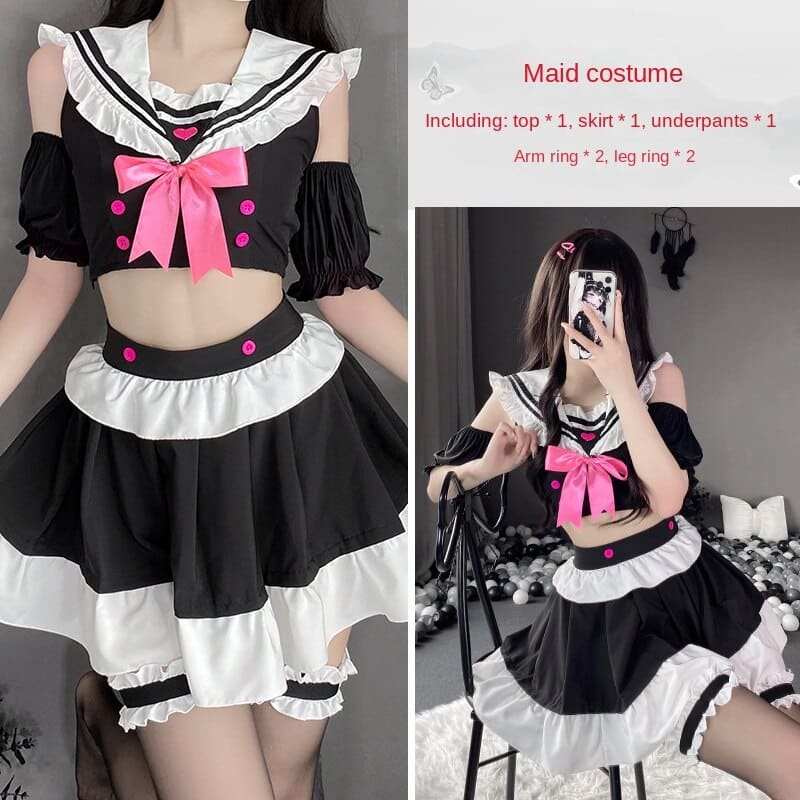 Cute Harajuku Black Sailor Uniform Magenta Pink Bow ON487 -