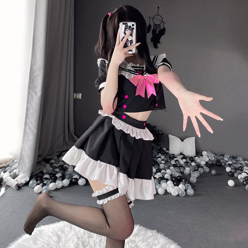 Cute Harajuku Black Sailor Uniform Magenta Pink Bow ON487 -