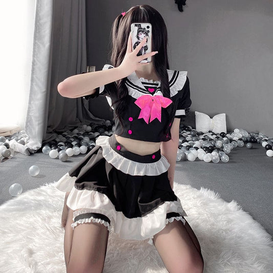 Cute Harajuku Black Sailor Uniform Magenta Pink Bow ON487 -