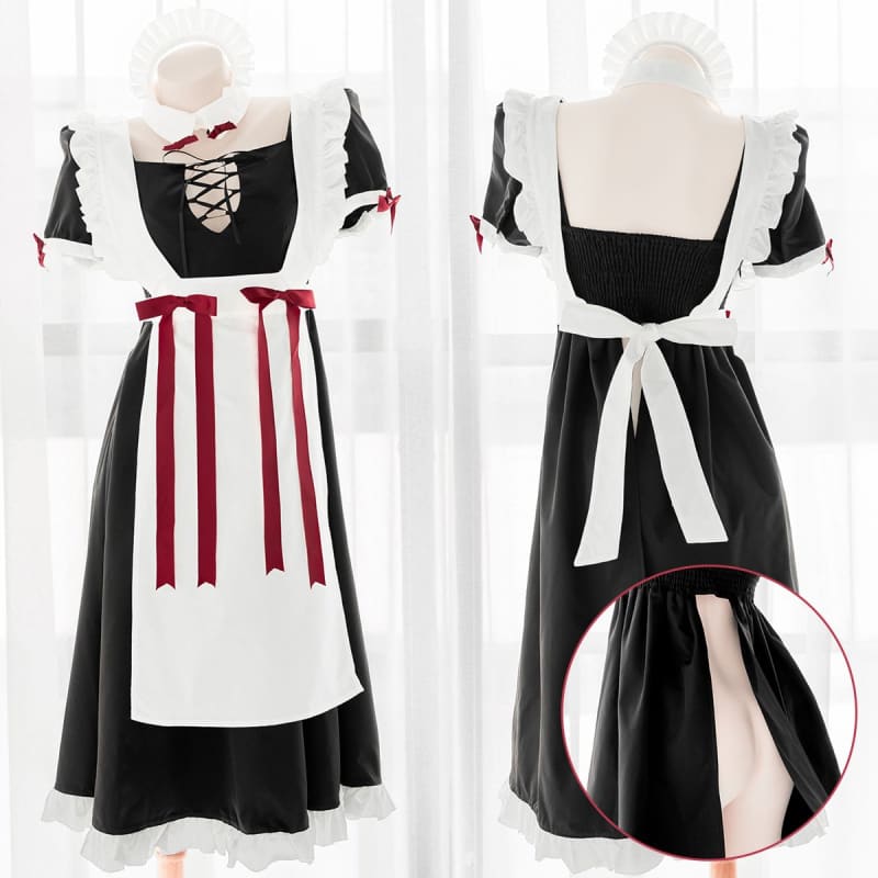 Cute Long Black Open Back Maid Dress EE0960 - Egirldoll