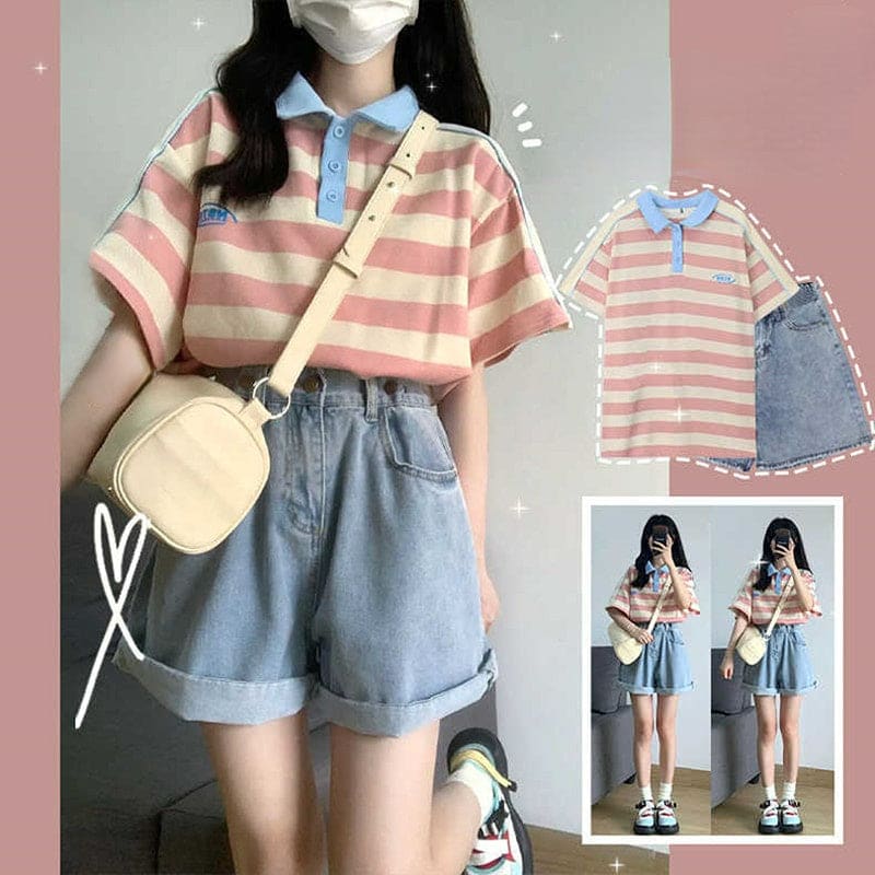 Cute Pastel OOTD Shorts and Stripes T-shirt ON576 - T-shirt