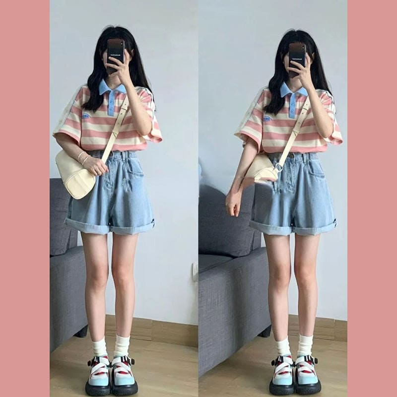 Cute Pastel OOTD Shorts and Stripes T-shirt ON576 - T-shirt
