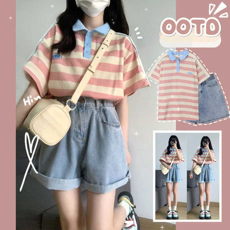 Cute Pastel OOTD Shorts and Stripes T-shirt ON576 - Pink Top