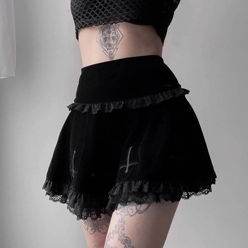 Cute Punk Cross Embroidery Lace Velvet Black Dress EE0912 - Egirldoll