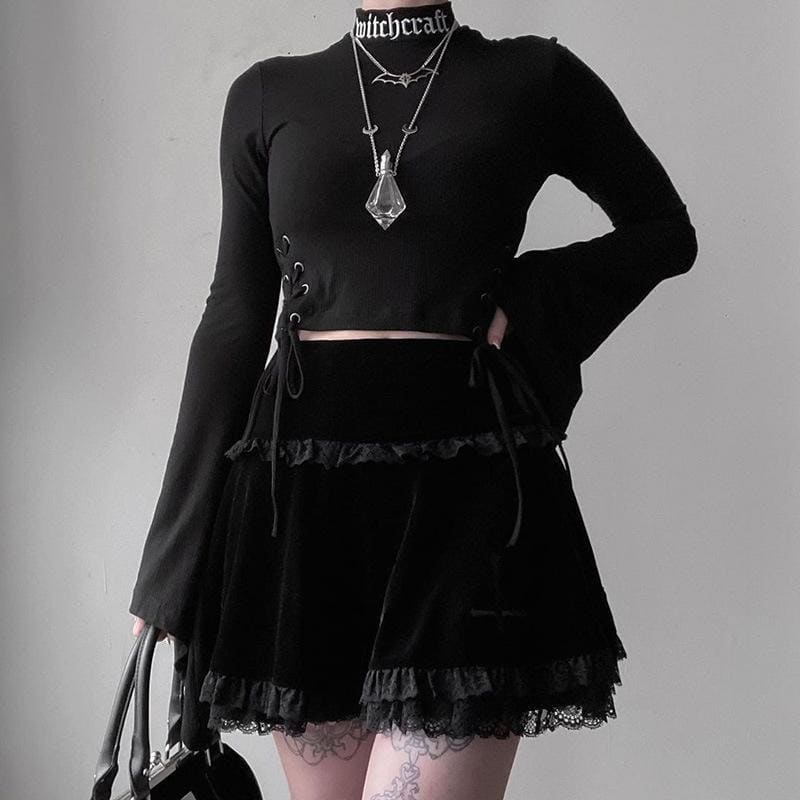 Cute Punk Cross Embroidery Lace Velvet Black Dress EE0912 - Egirldoll