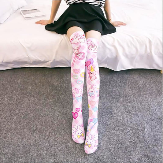 Cute Rabbit Strawberry Over Knee Cartoon Cat Paw Print Stocking BE476 - Egirldoll