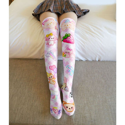 Cute Rabbit Strawberry Over Knee Cartoon Cat Paw Print Stocking BE476 - Egirldoll