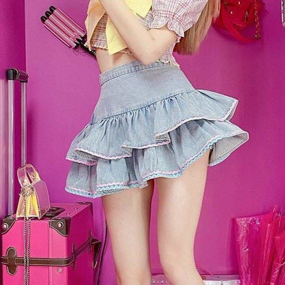 Cute Sweet Hot Girl Light Blue Mini High Waist Denim Puff Skirt SP15830 - Egirldoll