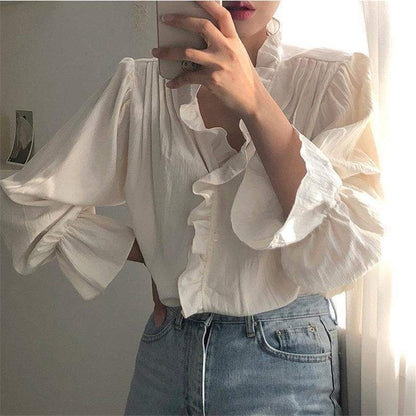 Dark Academia Chic White Ruffles Blouse EG16423 - Egirldoll