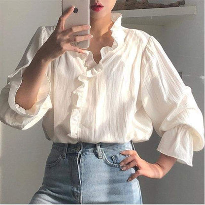 Dark Academia Chic White Ruffles Blouse EG16423 - Egirldoll