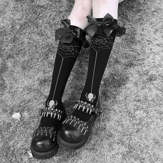 Dark Lolita Black Bow Cobweb Spider Print Gothic Socks BE109 - Egirldoll