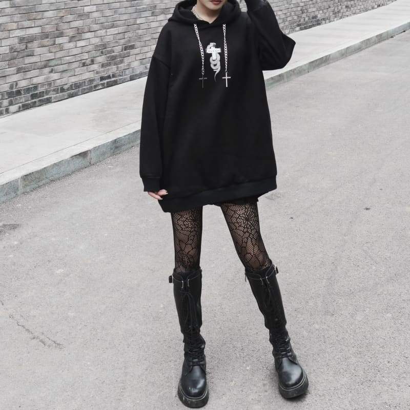 Dark Punk Fashion Cross Chains Snake Black Sweatershirt EG457 - Egirldoll