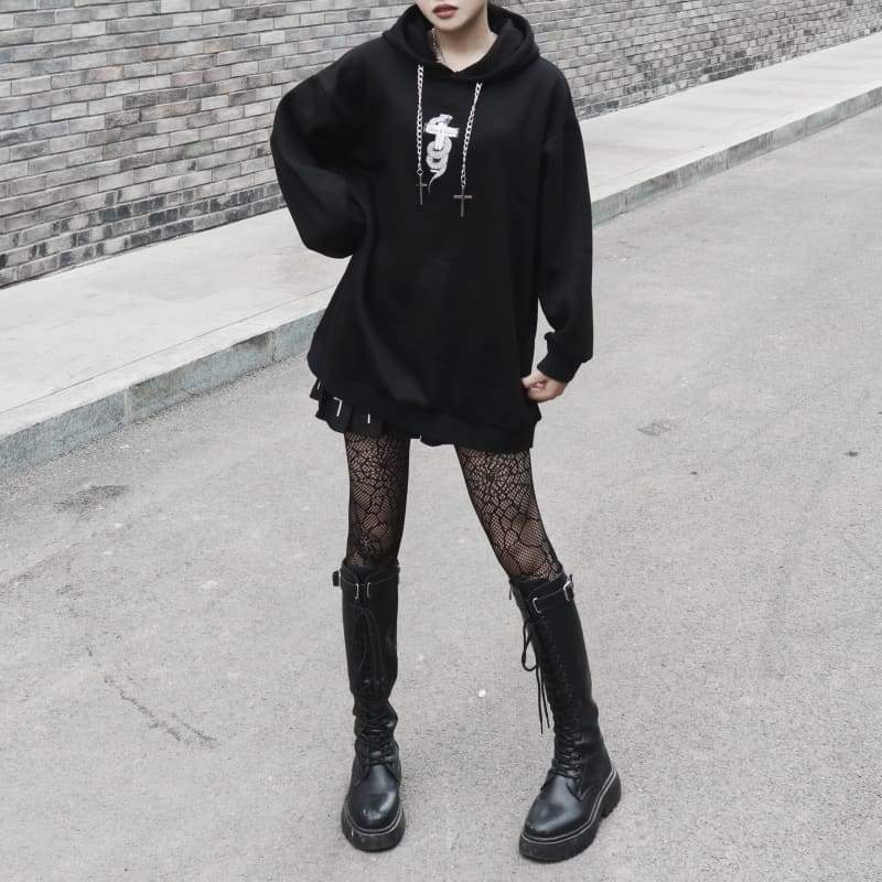 Dark Punk Fashion Cross Chains Snake Black Sweatershirt EG457 - Egirldoll