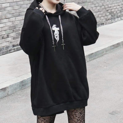 Dark Punk Fashion Cross Chains Snake Black Sweatershirt EG457 - Egirldoll