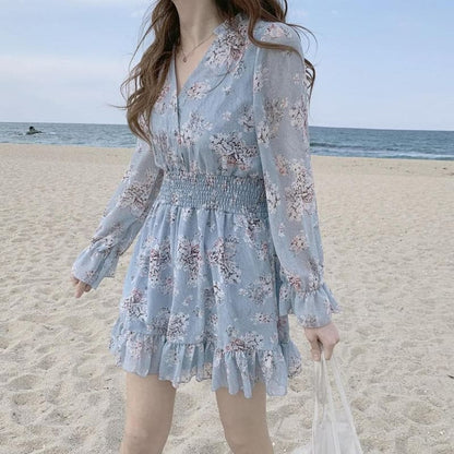 Date Wear Sweet Girls Long Sleeve Ruffled Floral Chiffon Dress SP15735 - Egirldoll