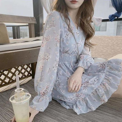 Date Wear Sweet Girls Long Sleeve Ruffled Floral Chiffon Dress SP15735 - Egirldoll