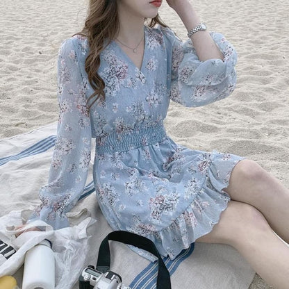 Date Wear Sweet Girls Long Sleeve Ruffled Floral Chiffon Dress SP15735 - Egirldoll