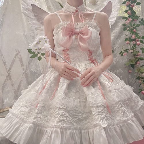 Dreamy Angel Cute White Black Pastel Bows Lolita Dress ON480