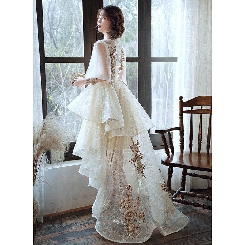 Elegant Beaded Appliques Champagne Prom Dresses V-neck Lace Evening Gowns SS1832 - Egirldoll