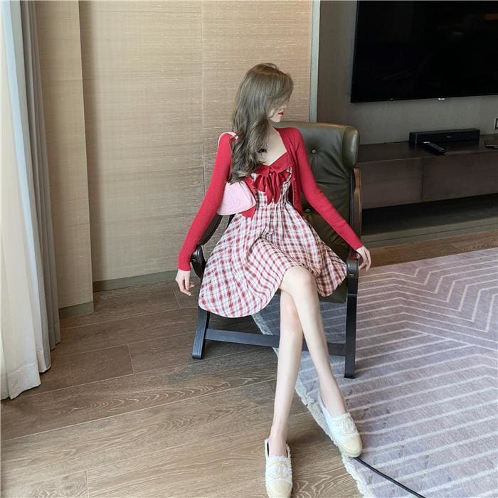 Elegant Sweet Red Cardigan Coat Paired with Bowknot Plaid Dress EG15414 - Egirldoll