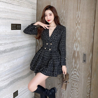 Elegant Tweed High Waist Slim Pleated Plaid Black Dress EG17618 - Egirldoll