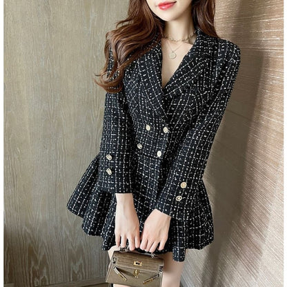 Elegant Tweed High Waist Slim Pleated Plaid Black Dress EG17618 - Egirldoll