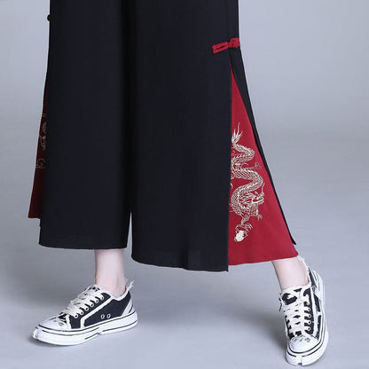 Embroidery Golden Dragon Casual Black Red Pants ON10 - Egirldoll