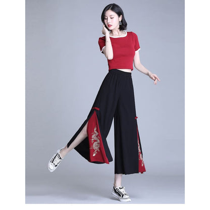 Embroidery Golden Dragon Casual Black Red Pants ON10 - Egirldoll