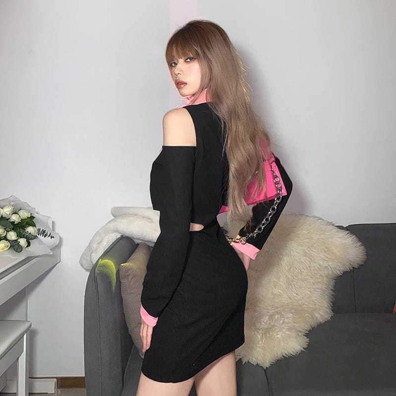Fashion Black Pink Hollow Out Shoulder Dress ON02 - Egirldoll