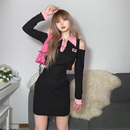 Fashion Black Pink Hollow Out Shoulder Dress ON02 - Egirldoll