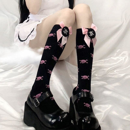 Fashion Cute Bow-Knot Knee Socks Ladies Sweet Gothic Casual Thigh Sexy Stretch Skull High Socks - Egirldoll